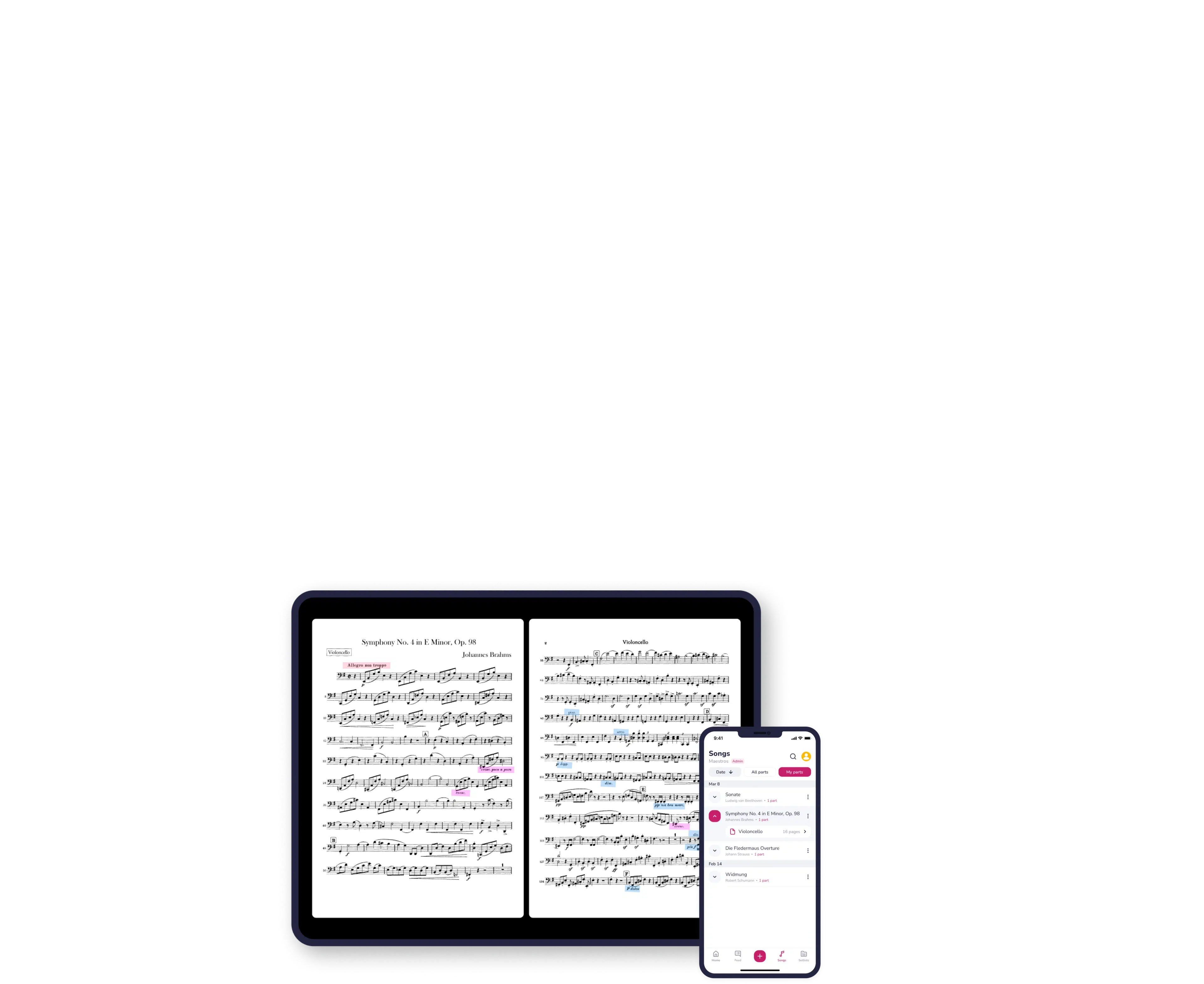Digital devices including tablets and smartphones displaying sheet music for musicians