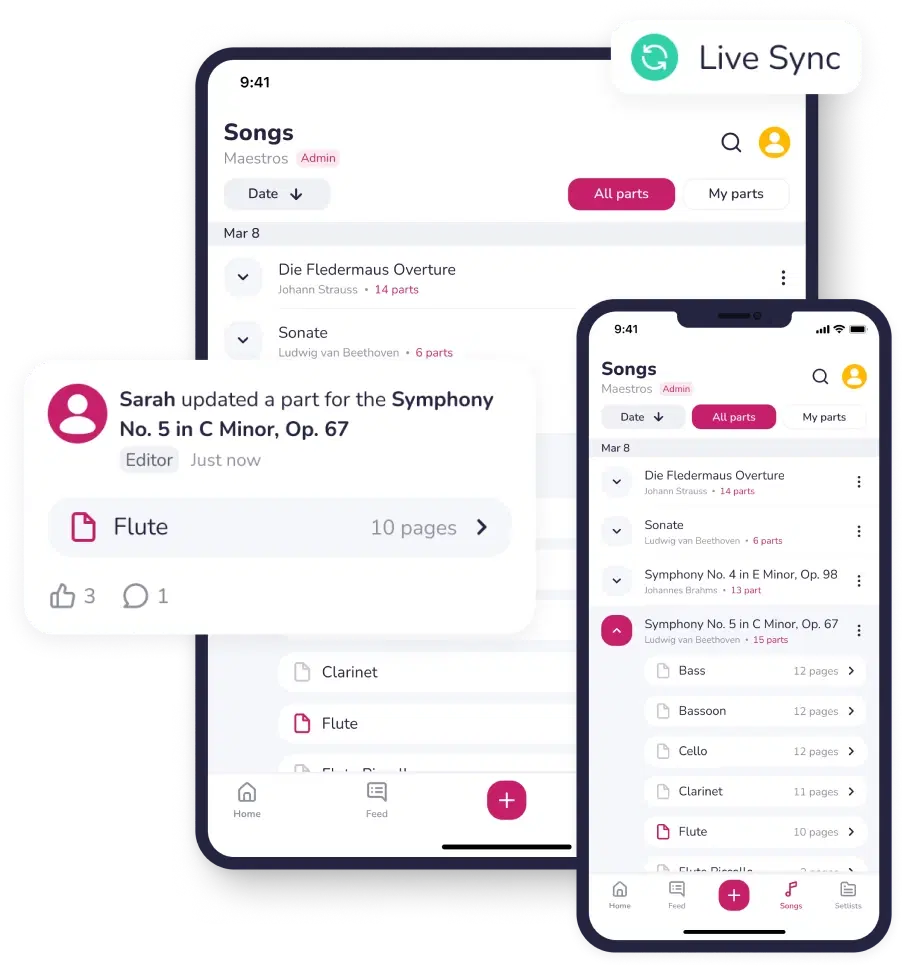 Musicians receiving parts on multiple devices