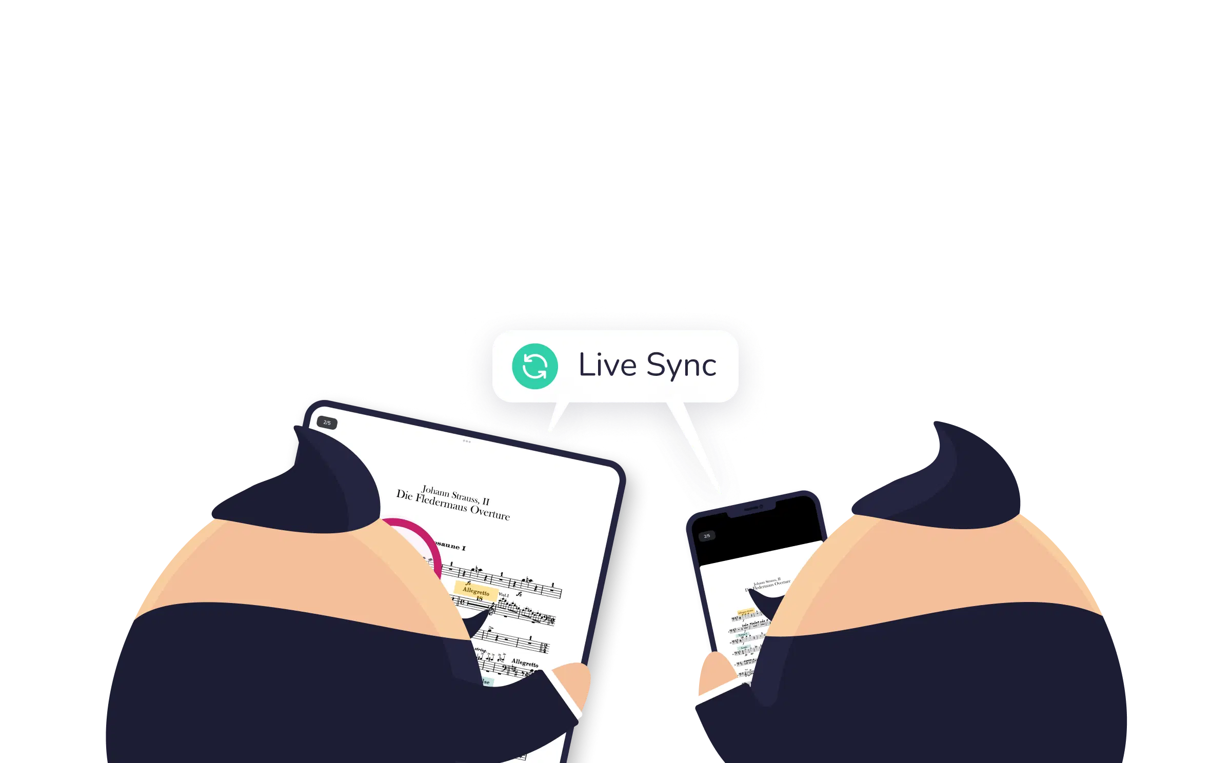 Multi-device synchronization showing music updates across smartphones and tablets